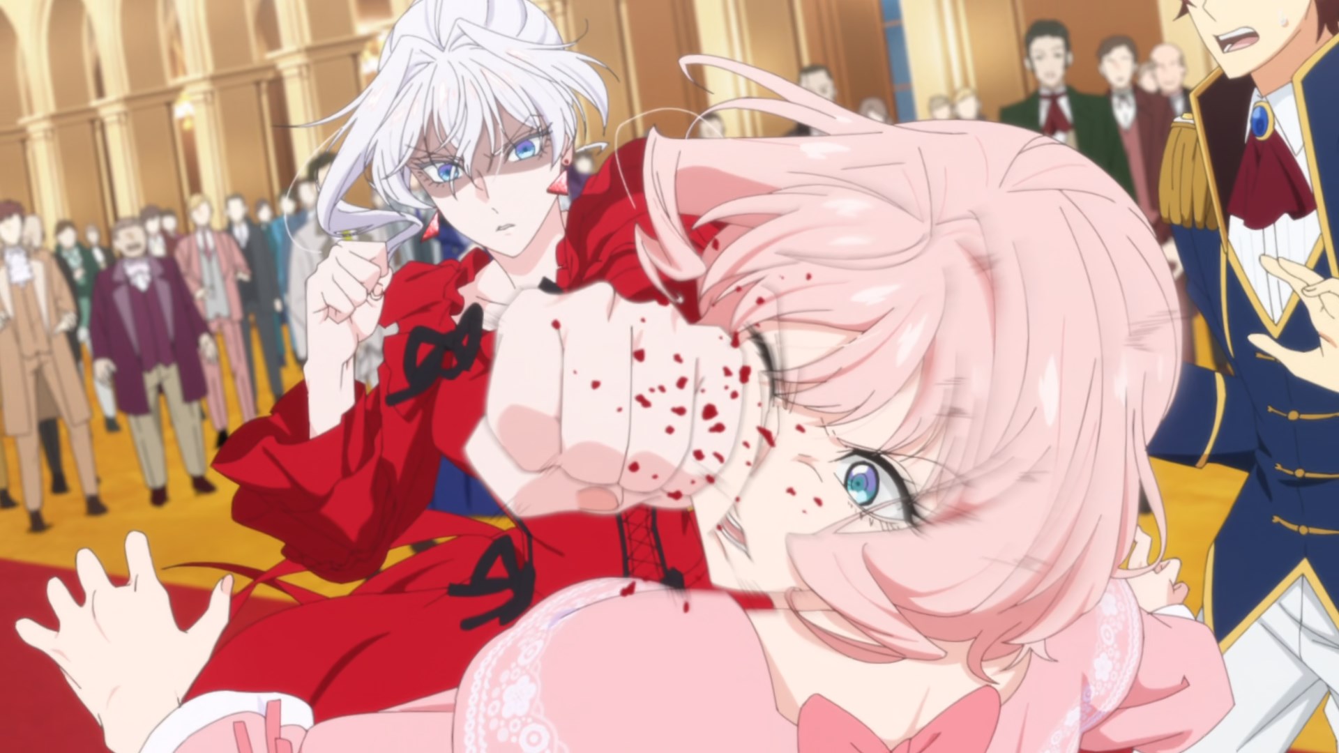 Scarlet, the white haired villainess in a red dress absolutely punching the shit out of the pretty, fluffy pink haired girl who stole her man, though she is glad to be rid of him